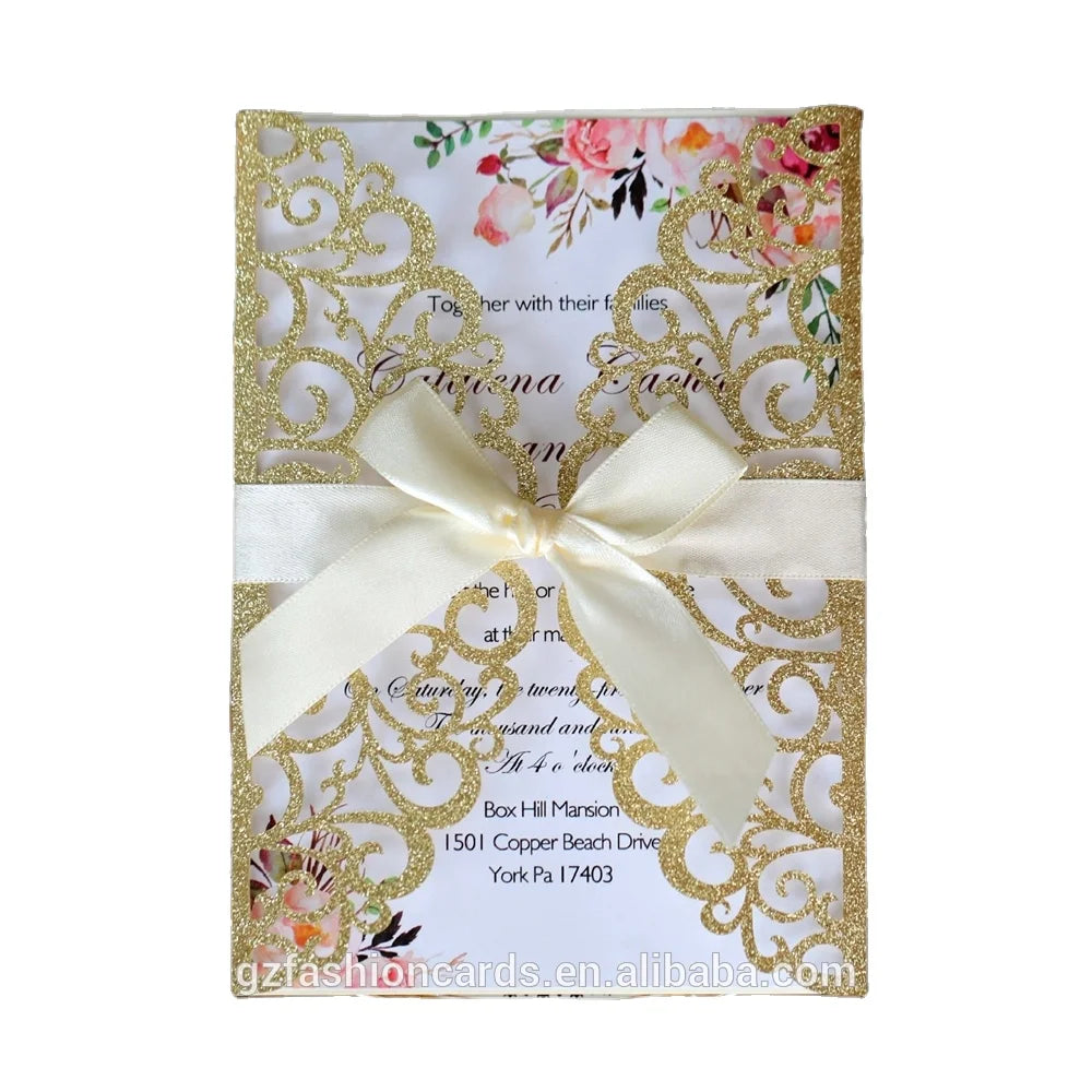 Wholesale Glitter Laser Cut Save the Date Wedding Invitation Card Birthday Invitation Cards with Ribbon Bows MegaBDM