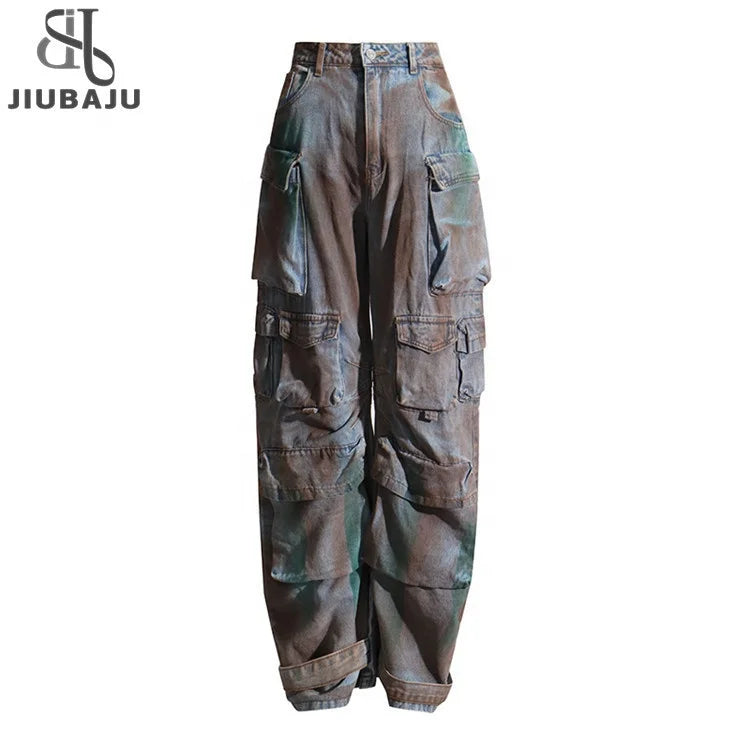 Y2k Clothes Jeans for Women High Waist Loose Patchwork Pockets Causal Cargo Wide Leg Pants