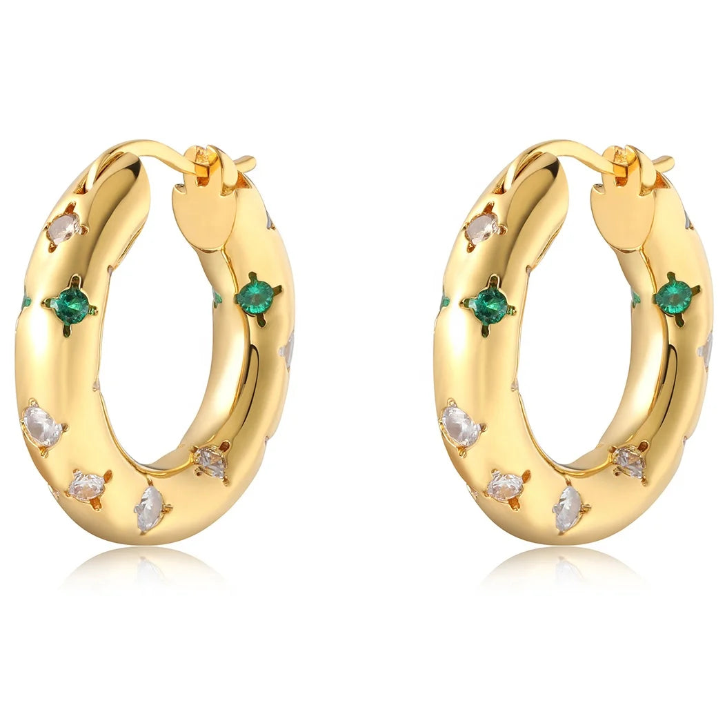 Fashionable and Vintage Brass Plating 18k Gold Inlaid Colorful Zircon Hoop Earrings Women Jewelry Gifts Customization