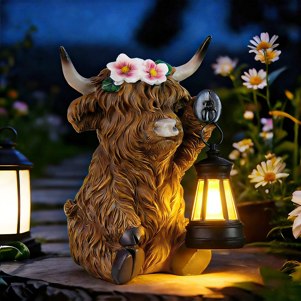 Dropshipping Resin Crafts Highland Bull Animal Theme Solar Lantern Statue-Hand-painted Rural Style Garden Night Light Decoration