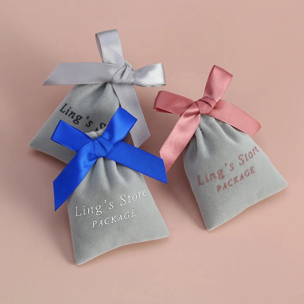 10x12cm Luxury Grey Velvet Jewelry Pouch for Fashion Earrings Necklaces Packaging Gift Bag with Ribbon Drawstring