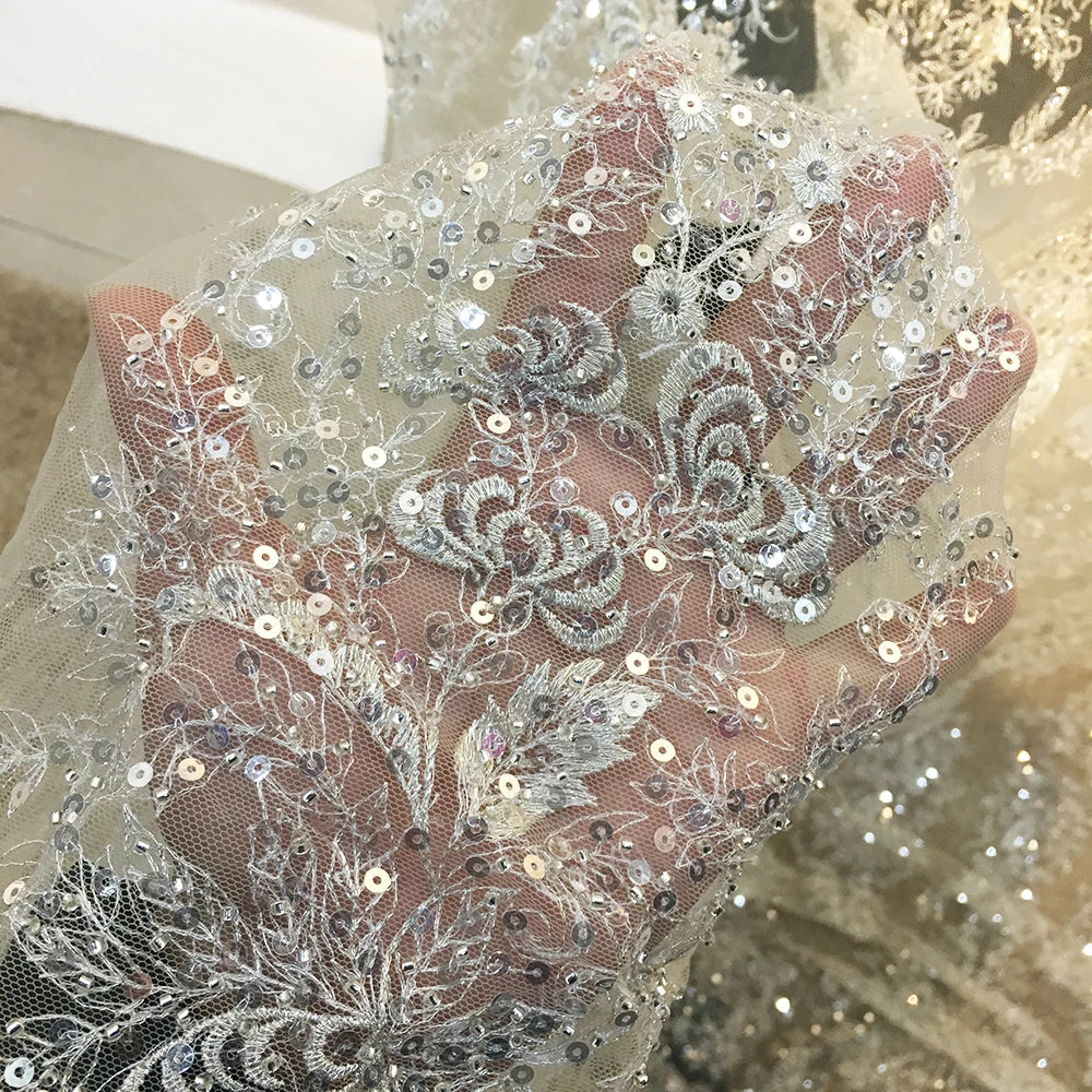 Silver Beads Nigerian Embroidery Mesh Lace Fabric Champagne Sequins Lace Fabric for Women Wedding