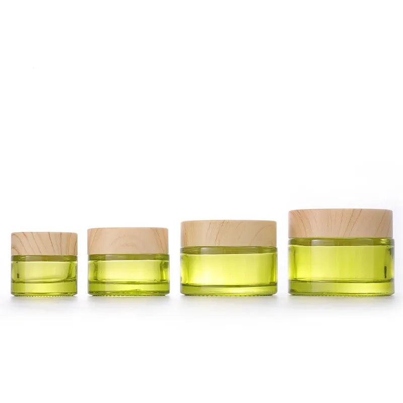 Empty 10g 15g 30g 50g Green Glass Jar Body Cream Container Cosmetic Lotion Bottle with Wood Grain Cap