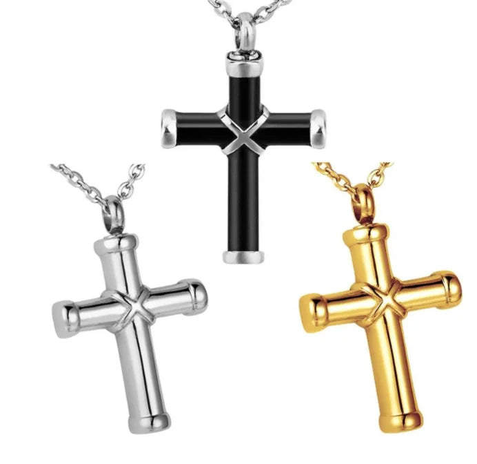 Black Christian Stainless Steel Memorial Ash Cremation Urn Necklace with Religious Cross Pendant