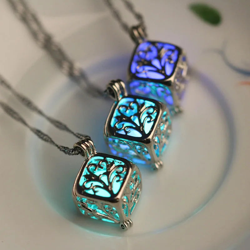 Trendy Cube Luminous Necklace with Life Tree Night Lights Cheap Alloy Fashion Necklaces for Gifts and Weddings