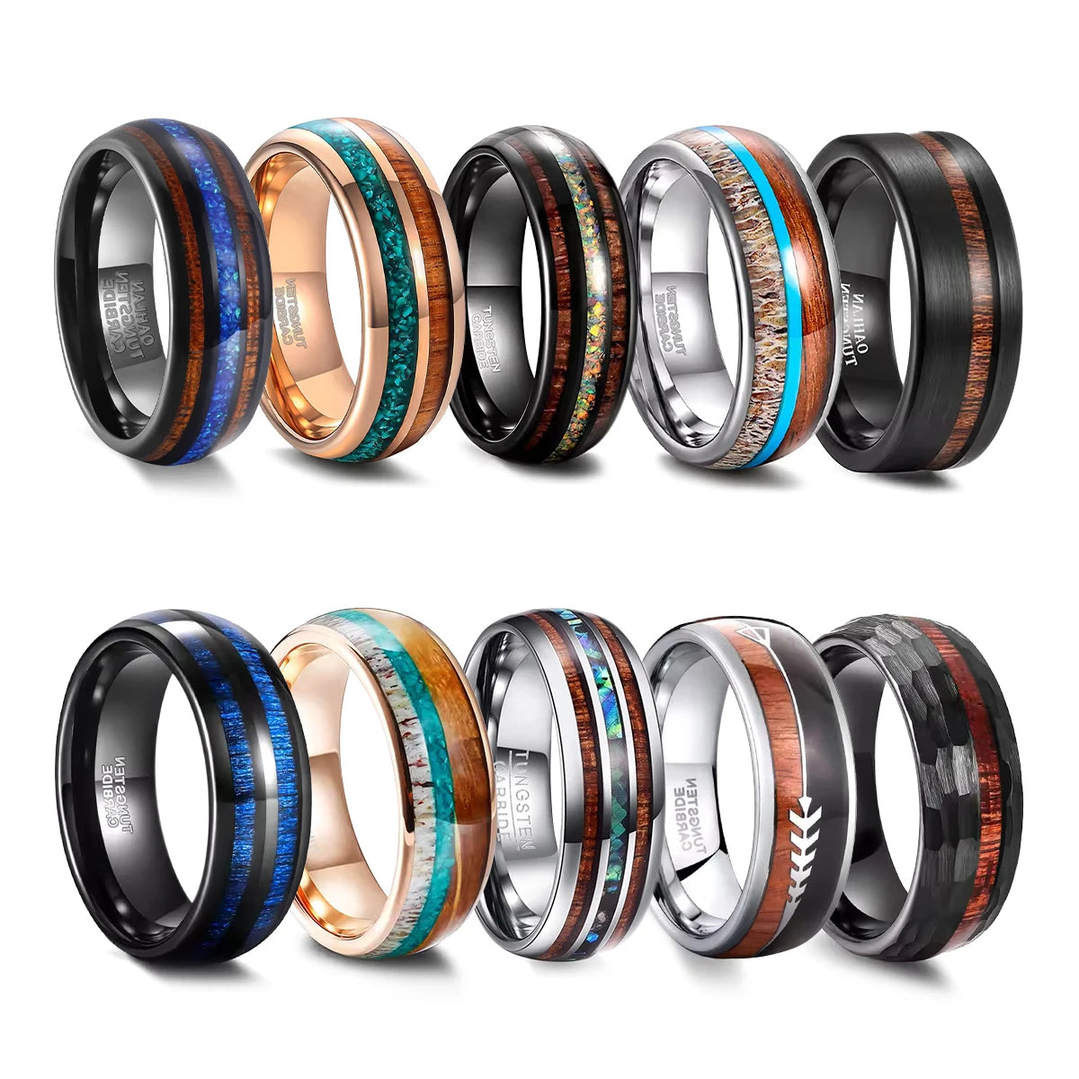 OAHLAN Luxury Vintage Style Tungsten Carbide Rings 8mm Wood Inlay Men's Fashion Jewelry for Weddings Parties Anniversaries