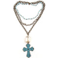 Fashion Women Jewelry Link Chain 3 Layer Crystal Glass Bead Rosary Chain Necklace Bronze Turquoise Cross Pendant Choker Necklace