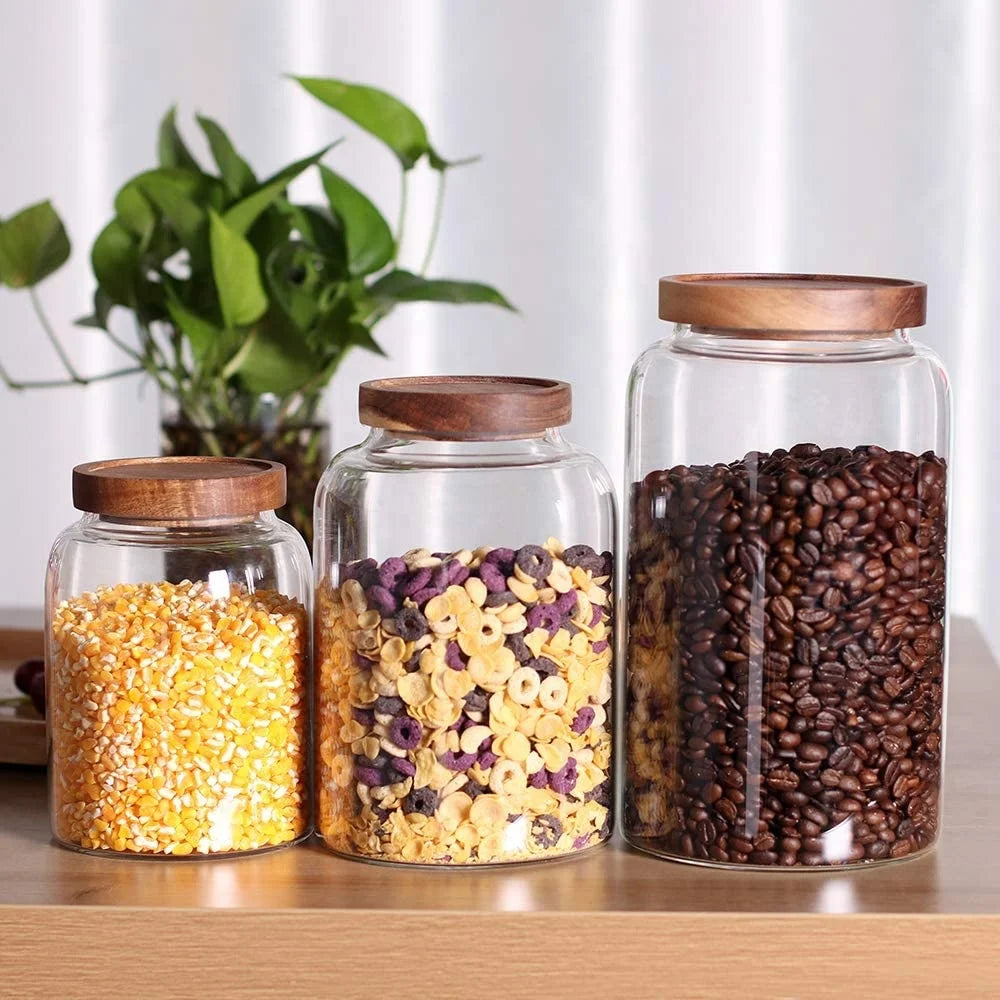 Big Size Food Storage Round High Borosilicate Glass Food Airtight Jar with Acacia Wood Lid