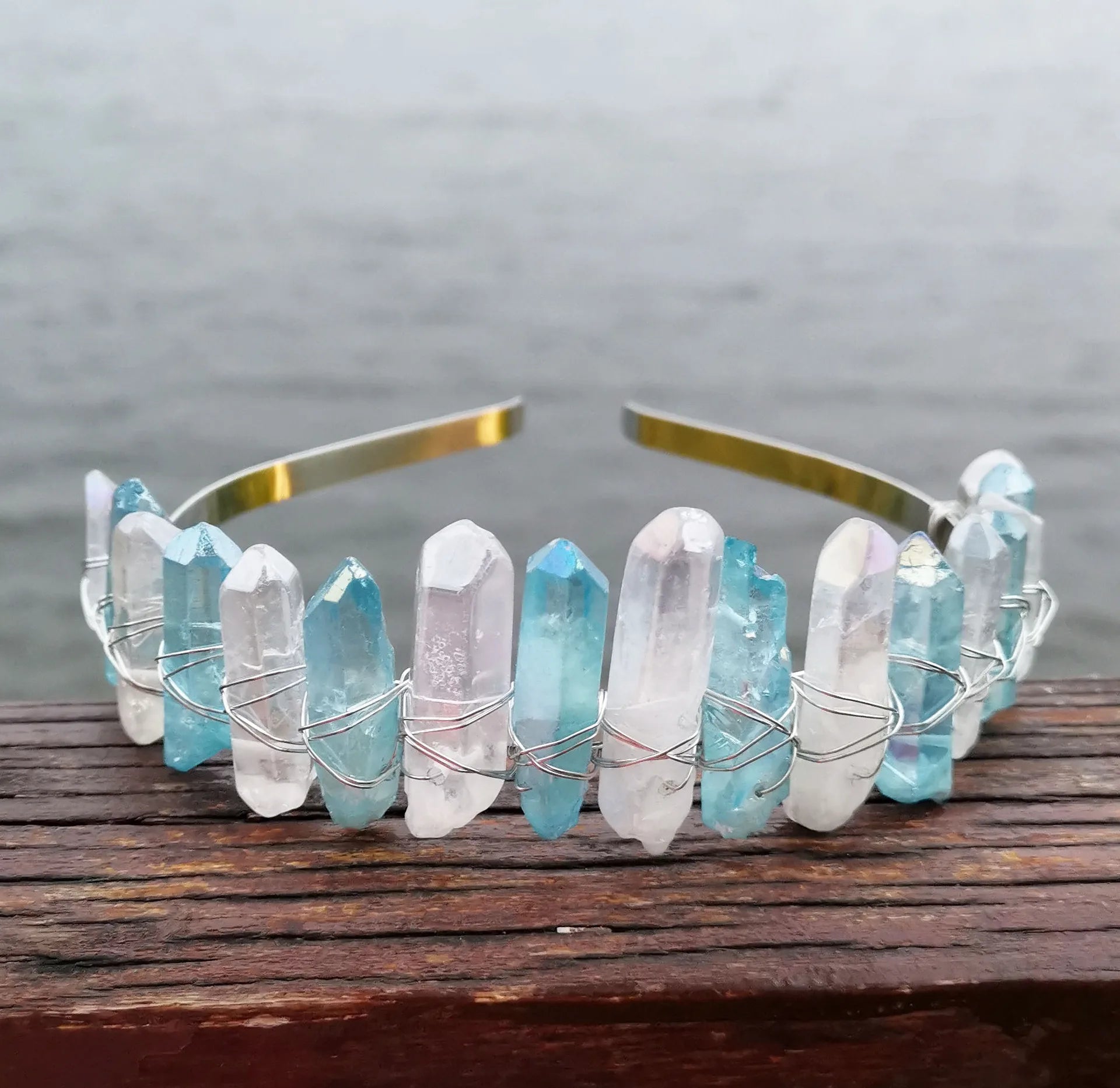 HZ 100% Genuine Two Color Electroplating Natural White Blue Crystal Comb_ Crystal Crown Hairband Healing Crystals
