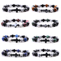 Black Gallstone and White Pine Stone Paired with 8mm Natural Gemstone Three Color Couple Cross Elastic Bracelet