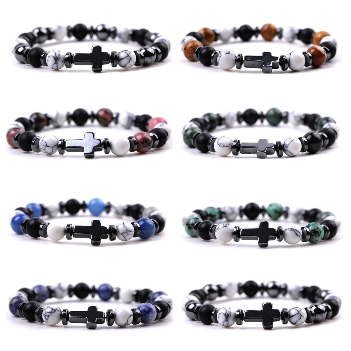 Black Gallstone and White Pine Stone Paired with 8mm Natural Gemstone Three Color Couple Cross Elastic Bracelet