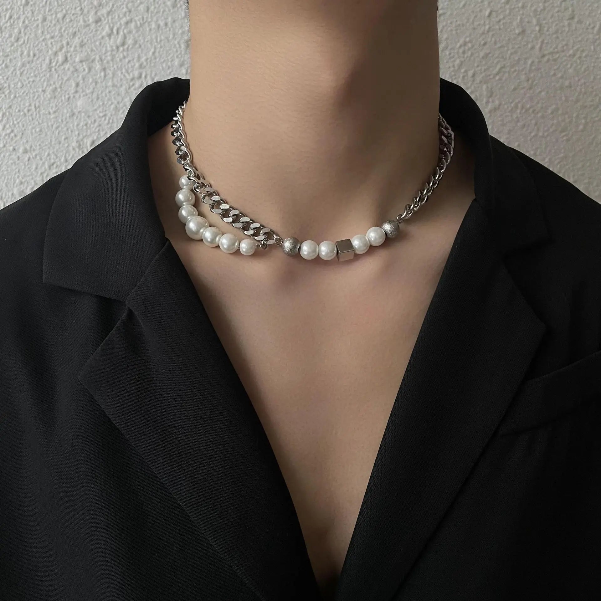 INS Style Stainless Steel Cuban Chain Oyster Pearl Jewelry Men Dainty Half Cuban Chain Half Pearl Necklace