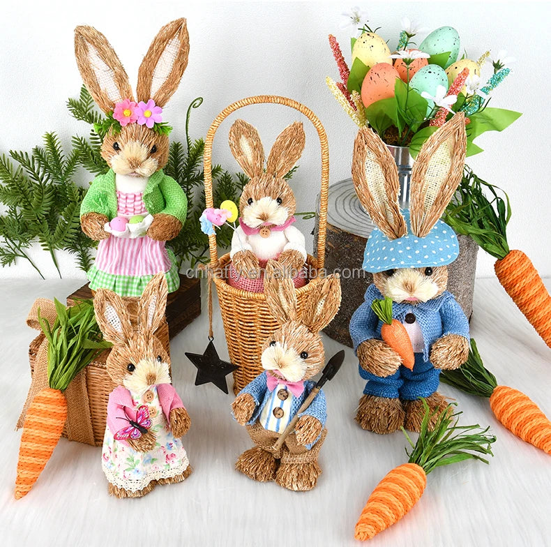 Hand-Woven Easter Straw Rabbit Cattail Ornaments Creative Spring Dress Window Decorations Beauty Props Bunny Egg 2pcs MOQ MegaBDM