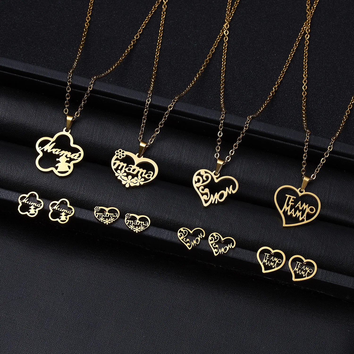 Stainless Steel Mama Letter Necklace Fashion Earrings Set Flower Heart Children Shape Hollow Mom Necklace Set for Mother Gifts