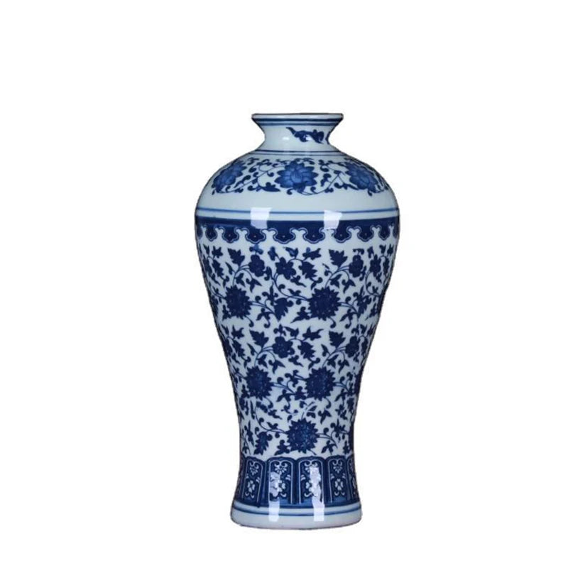 Antique Chinese Blue-White Porcelain Twined Lotus Vase Modern Vintage Art Deco Home Ceramic Decoration Floor Vase for Wedding