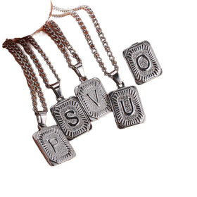 Personalized Stainless Steel Necklace for Men and Women Square Silver Initials 26 A-Z Pendant Link Chain Type