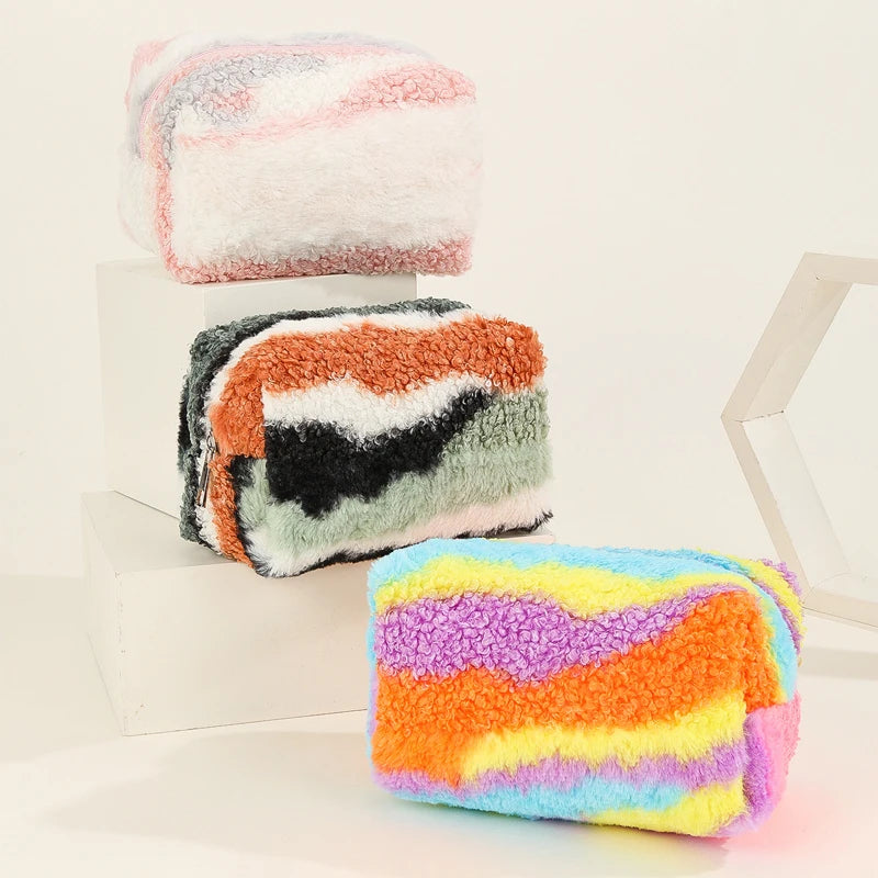 Colorful Striped Zipper Cosmetic Bag for Teens Cute Fashion Style Pouch for Hair Skin Face Stuff Plush Fuzzy Makeup Bag