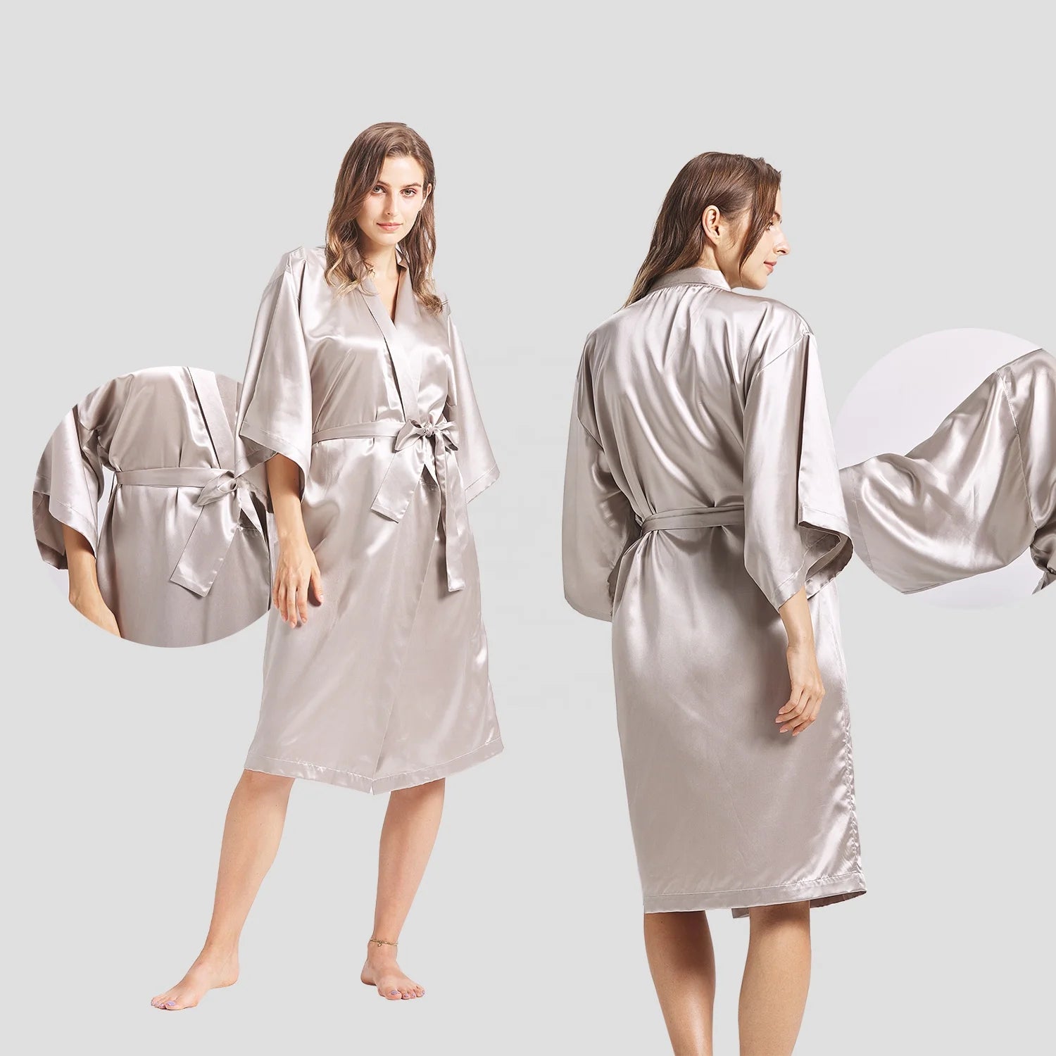 Custom Size Silver Grey Silk Robe V-neck Long Pajamas Fashion Female 100% Mulberry Silk Nightgown Silk Sleep Wear