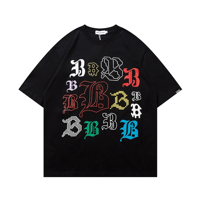 Custom Wholesale High-quality 100% Cotton Hip Hop Graffiti Alphabet Print Niche Couple Loose Short Sleeve T-shirt Men