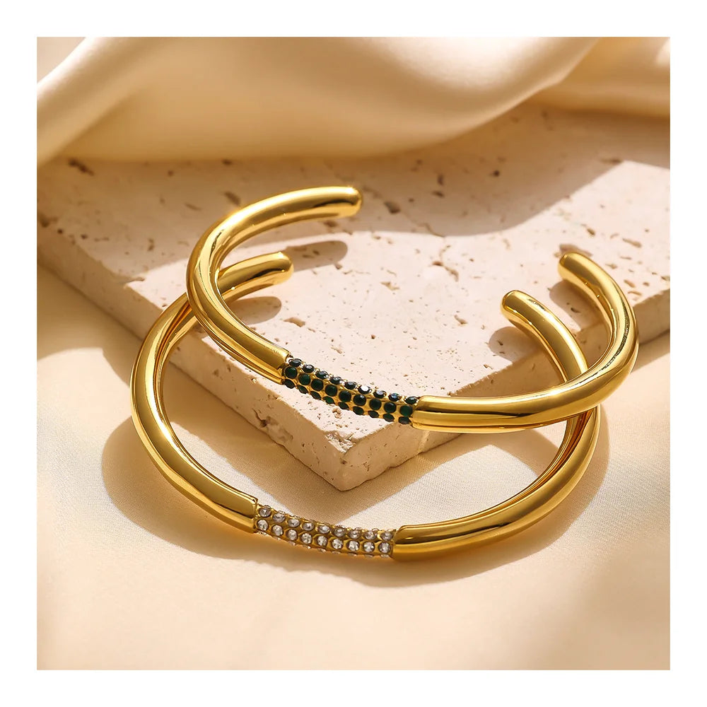 New Arrival Luxury Lady Zircon C Shape Open Bracelet 18k Gold Plated Stainless Steel Non Tarnish Cuff Bangle