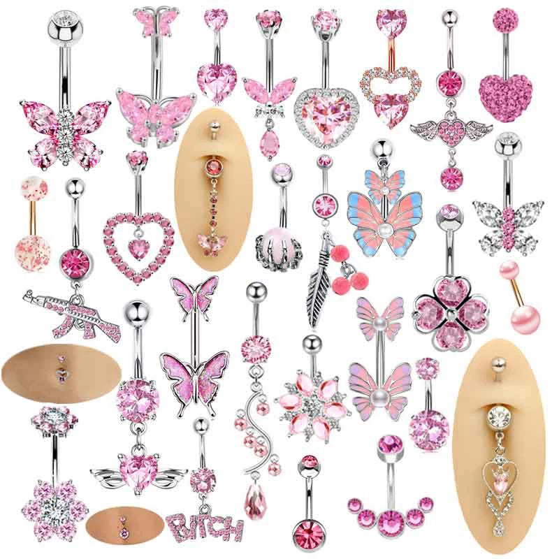 14G Stainless Steel Butterfly Navel Belly Button Rings Women Fashion Belly Button Ring Piercing Body Piercings Jewelry Pink