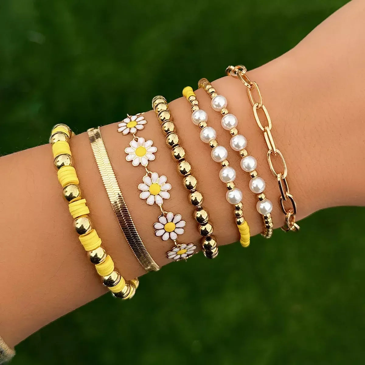 7Pcs/Set Kpop Sunflower Flat Snake Chain Bracelets for Women Trendy CCB Beads Charm Bangles Couple Friends Jewelry Accessories