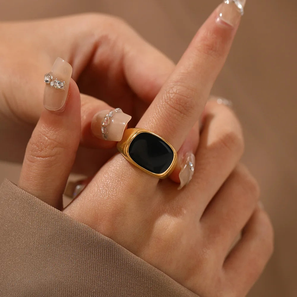 Fashion Simple Square Natural Stone Black and White Colors Rings Stainless Steel Square Signet Rings for Men