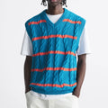 Logo Custom Men Sweater Vest Pullover Preppy Cotton V Neck Cotton Striped Pattern Cable Fancy Knitted Vest Sweater Men
