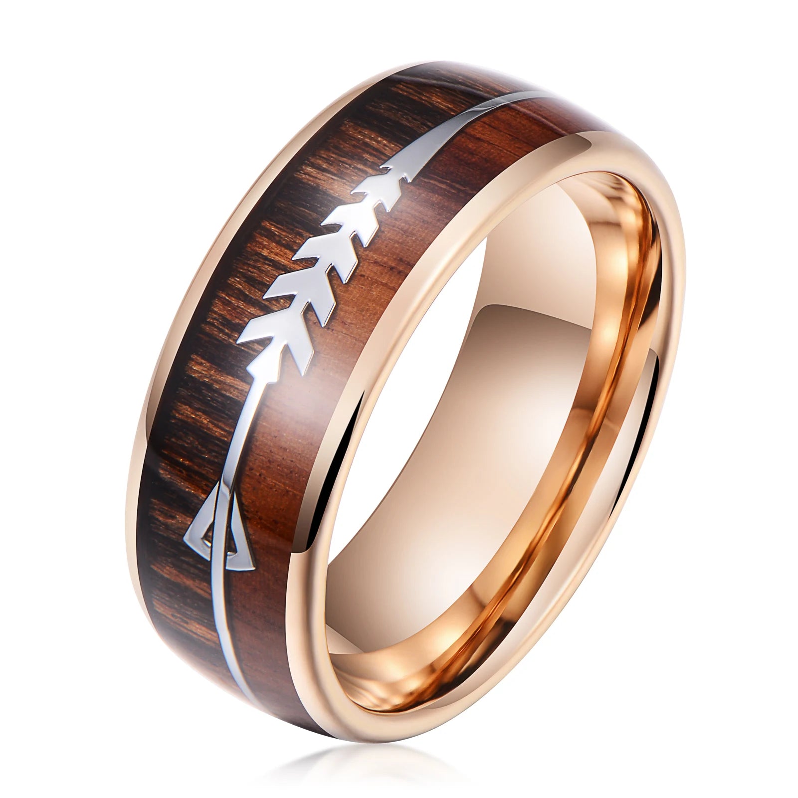 Ready to Ship IP Rose Gold Plated Arrow Design Koa Wood Tungsten Carbide Ring 8mm Tungsten Steel Ring Men Rings
