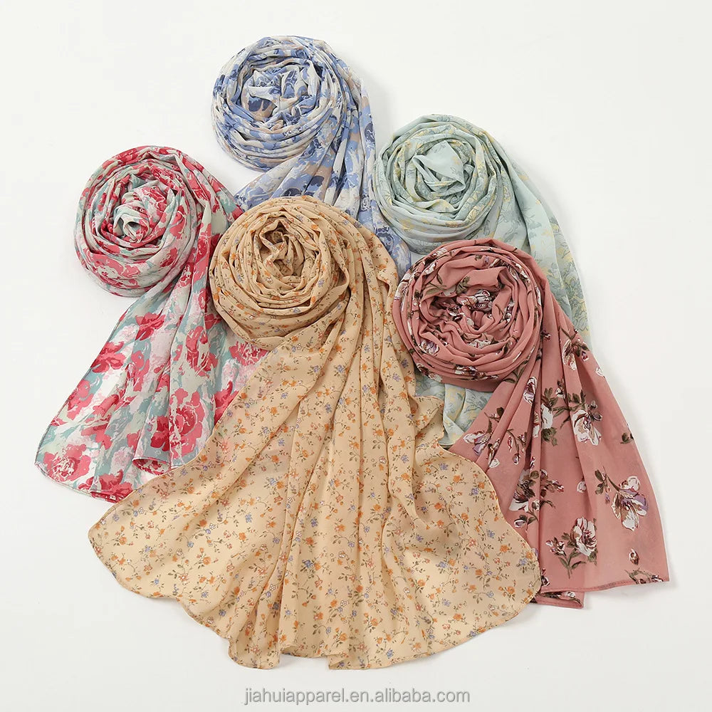 2022 Latest Floral Printed Foulard Hijab Pearl Bubble Chiffon Scarf Shawl Wrap Stylish Women Flower Print for Muslim Department