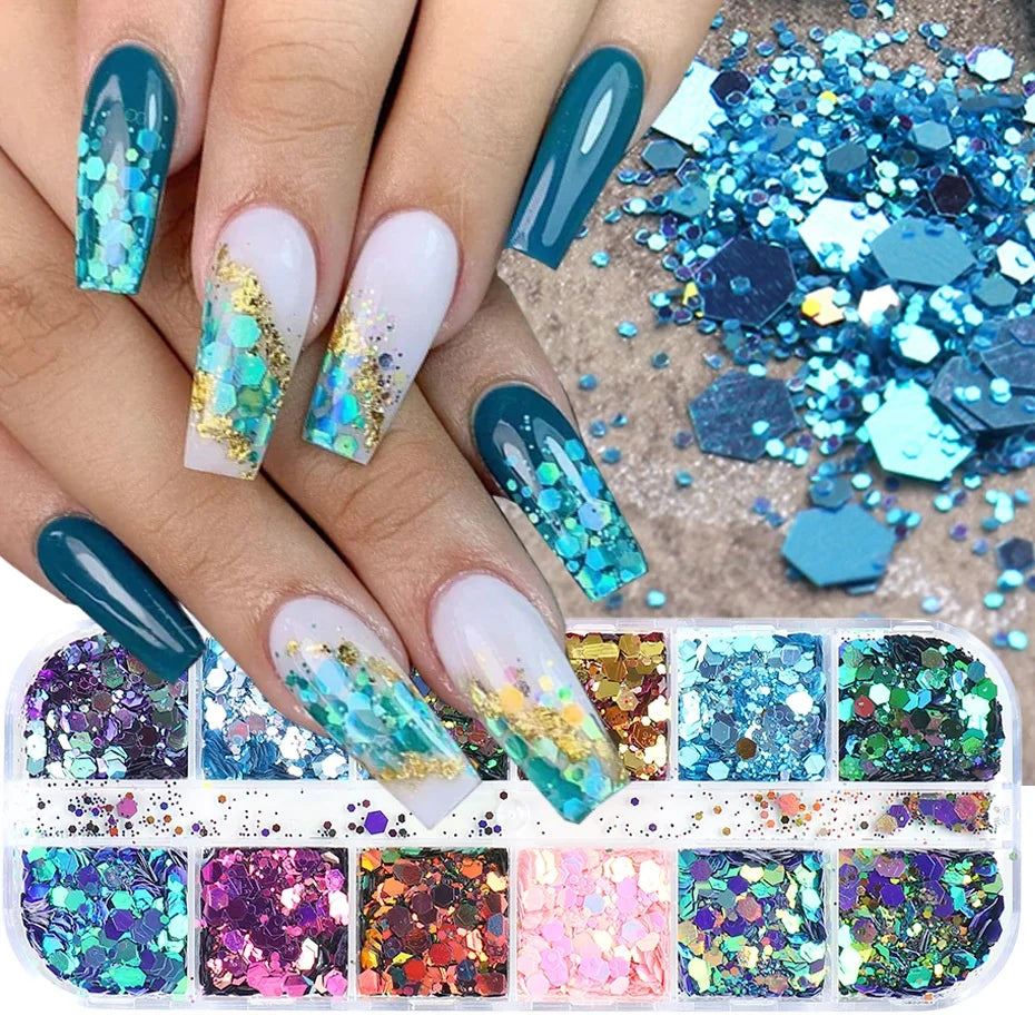 12 Grids Mermaid Nail Art Glitter Mix Size Chunky-Hexagon Irregular Laser Sequins Shiny Chameleon Manicure Flakes Decoration