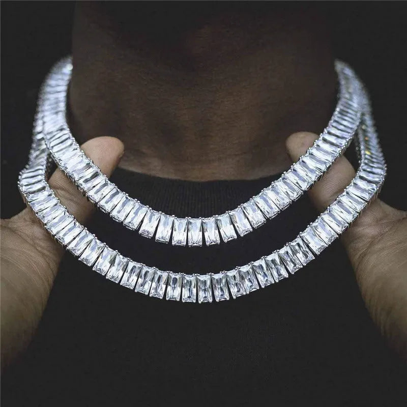 Hip Hop 10MM Iced Out Baguette Tennis Chain Bling 5A CZ Square Cubic Zircon Necklace Choker Copper Jewelry