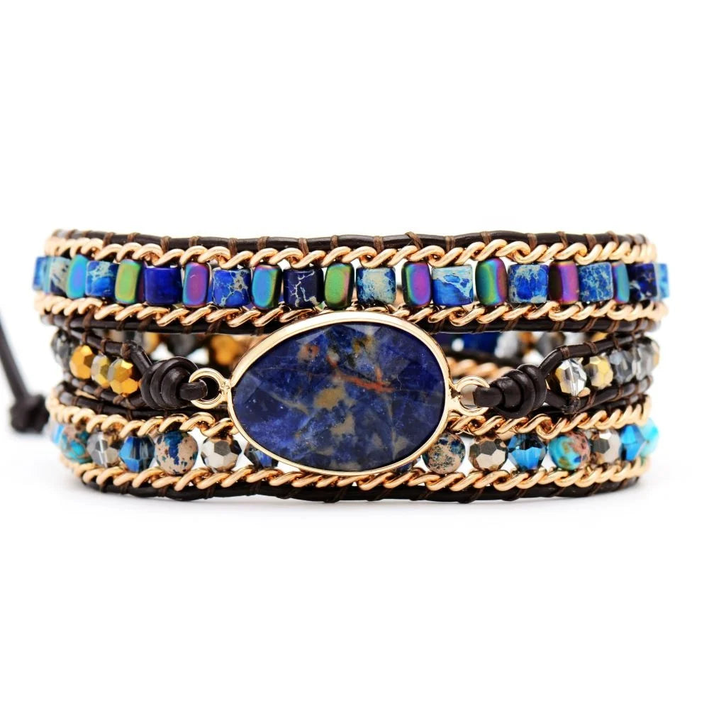 Customizable Sodalite Gemstone Wrap Bracelets Leather Fashion Bangles Wholesale Product