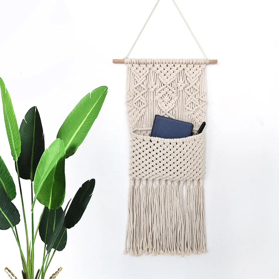 Macram Wall Hanging Tapestry Contemporary Style Home Decor Hand Woven Cotton Eco-Friendly Washable Wall Storage Bag DIY Dried