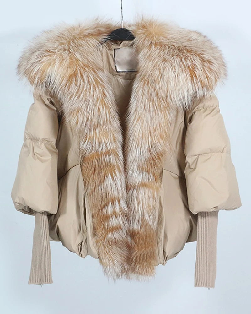 OFTUBY 2023 Women's Casual Winter Coat New Fashion White Duck Jacket Luxury Outerwear Warm Loose Design Natural Real Fox Fur