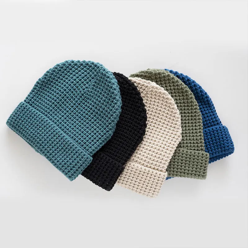 Waffle Knitted Hats Men Women Autumn and Winter Hat Solid Color Flanging Toe Cap