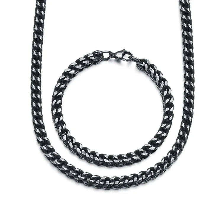 Hot Selling Vintage Stainless Steel Franco Black Cuban Link Chain Necklace Jewelry Sets Bracelet Women Mens