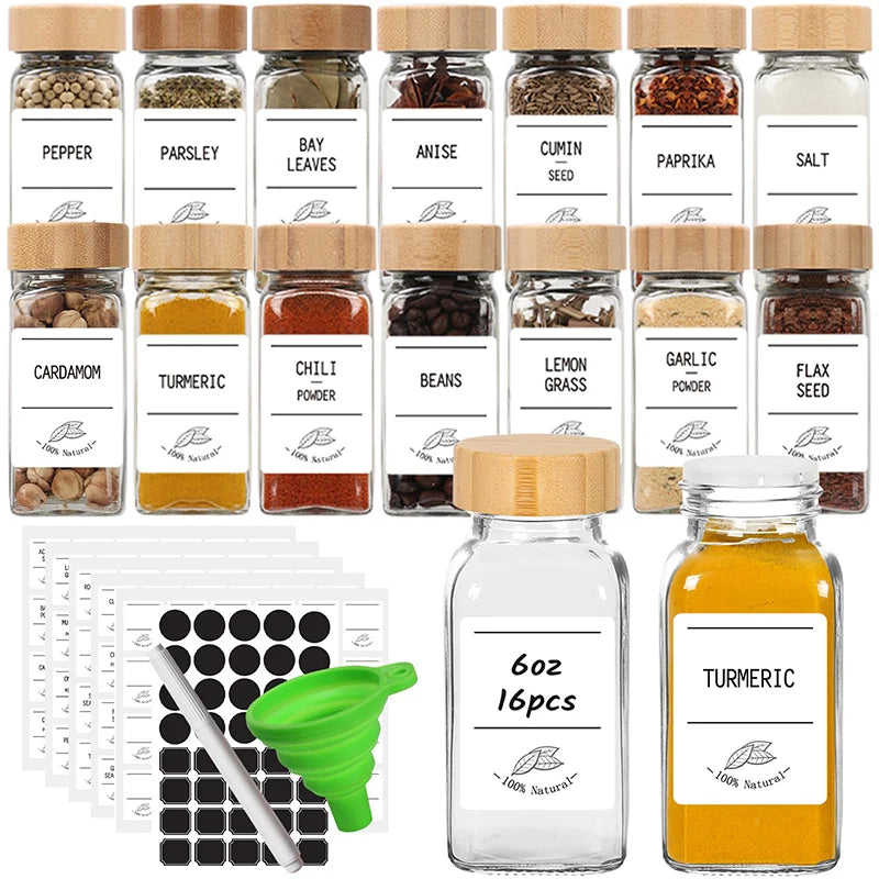 Wholesale Kitchen 16pcs 180 ml Square Transparent Glass Spice Shaker Storage Jars Set with Bamboo and Lids Labels Funnel