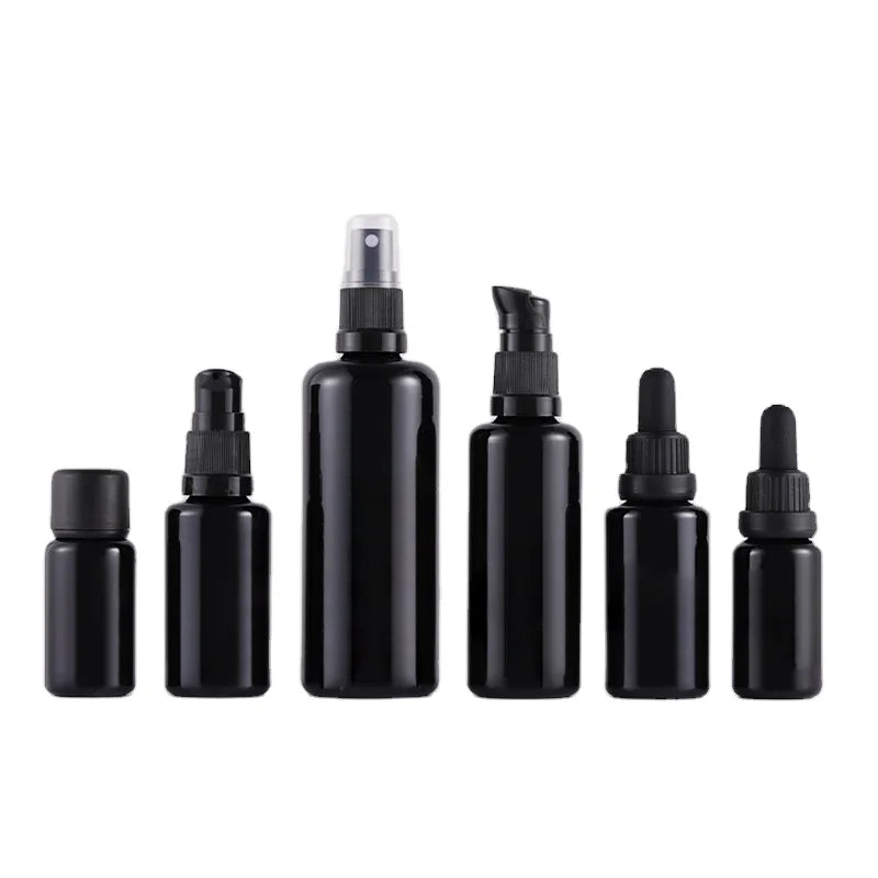 Aluminum Plastic Pump Dropper 50ml Black Glass Essential Oil Bottles 10ML 30ml 50ml 100ml Black Glass Cosmetic Spray Pack