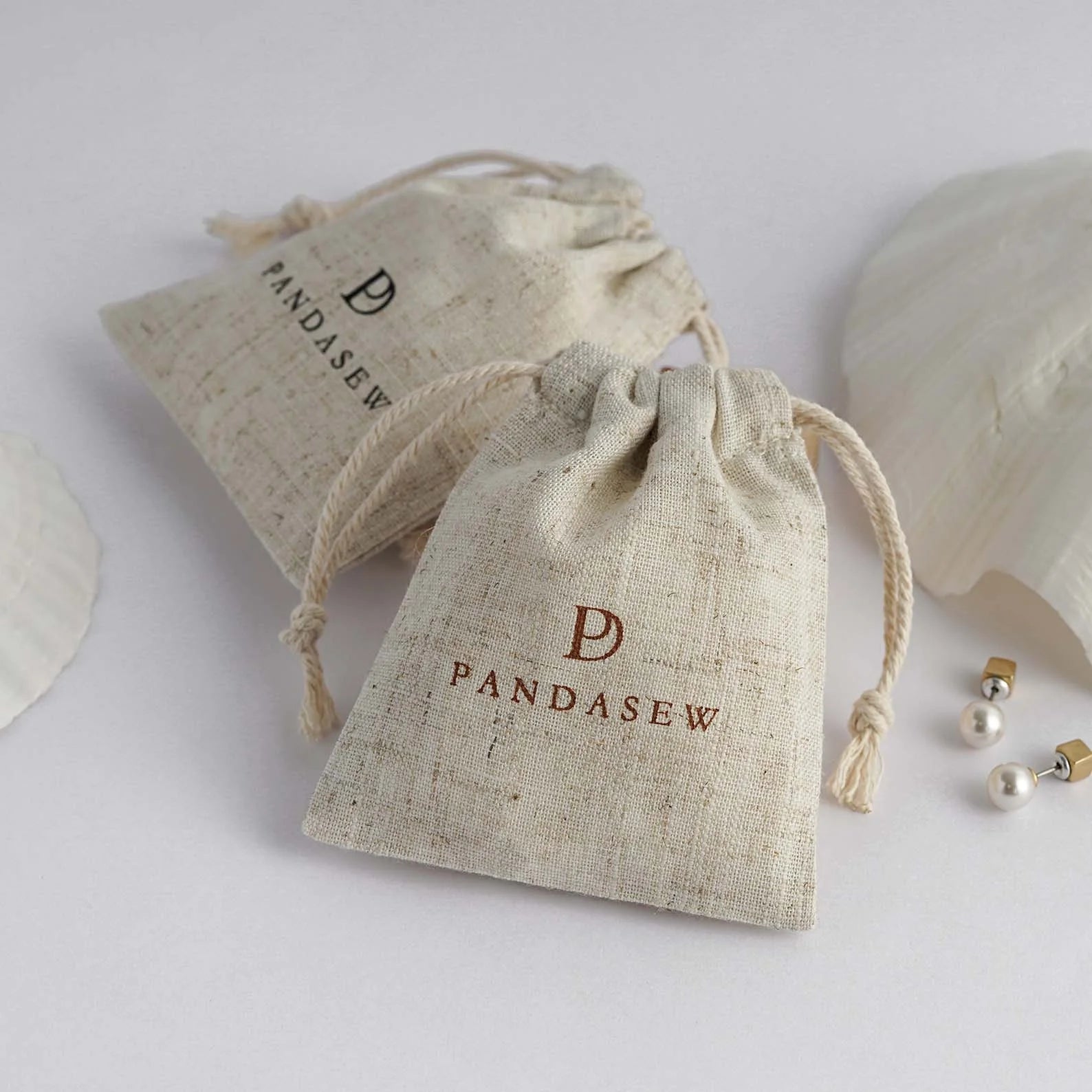 PandaSew Custom Logo Print Linen Drawstring Jewelry Pouch Packaging Bag for Gift