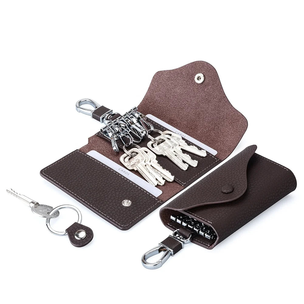 Custom Fashion Brown Cowhide Leather Key Holder Case with Metallic Key Chain Plain Printing Bag Usage