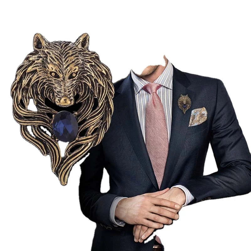 Retro Fashion Wolf Brooch Men's Personality Suit Corsage Animal Plating Lapel Pin Brooches With Blue Stone