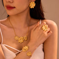Hot Sale INS Inspired Stainless Steel Jewelry Set for Women Waterproof Frosted Flower Necklace Bracelet Earring Ring-18K Gold