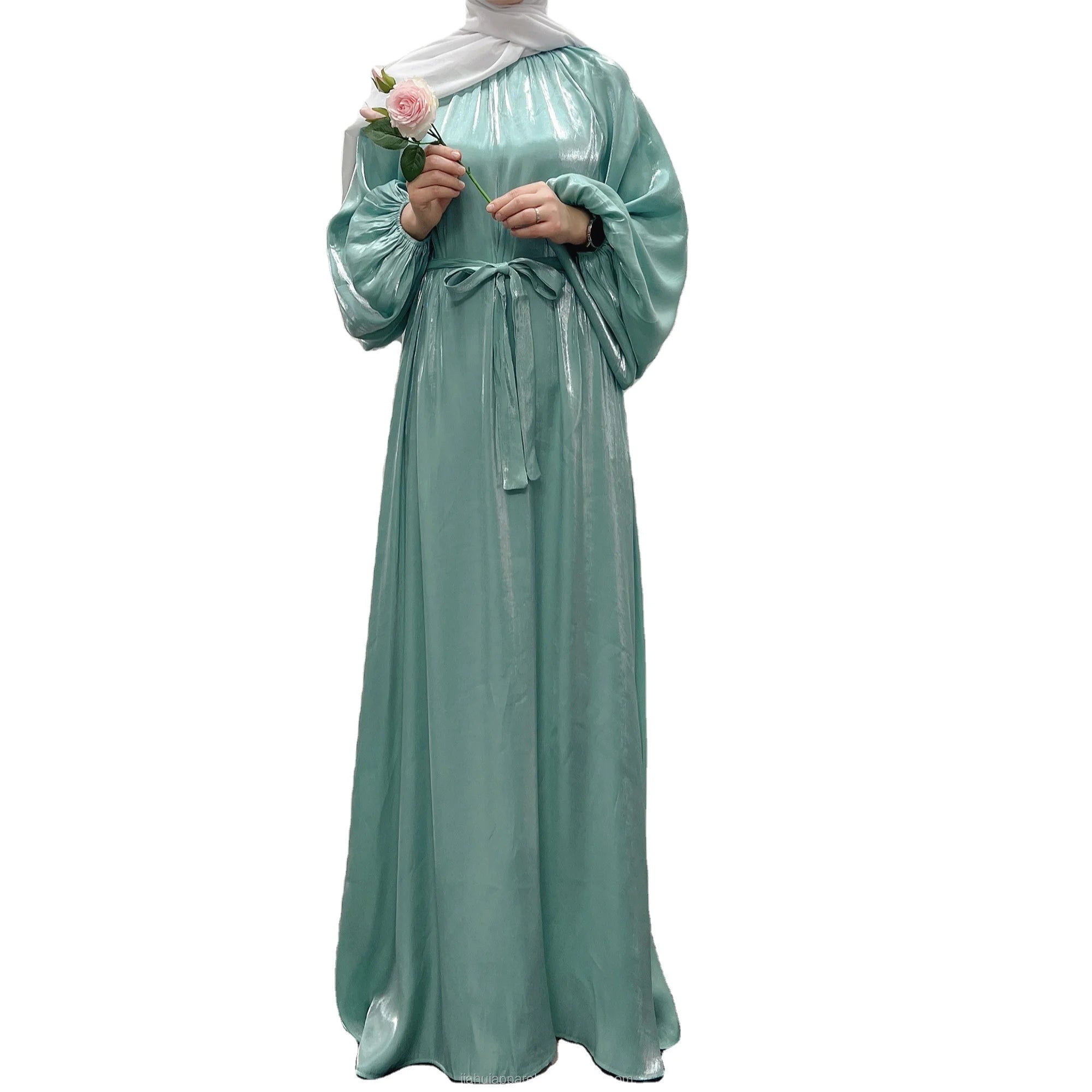 Modern Women's Long Satin Kaftan Gown New Design Shiny Silk Maxi Abaya Dress with Belts Soft Sets for Party Evening Summer