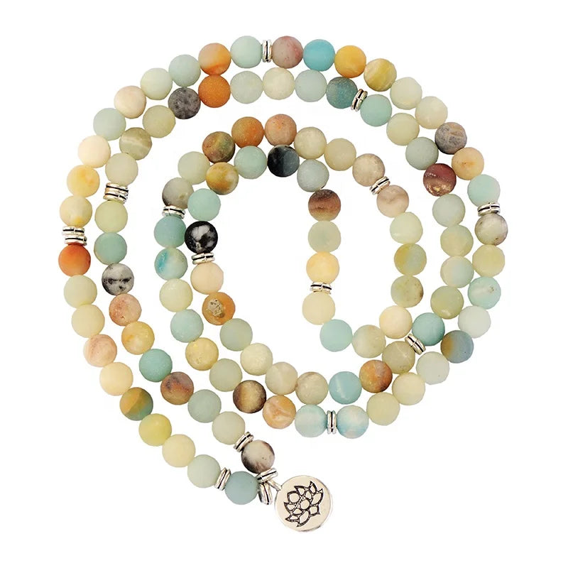 Classic 108 Beads Prayer Malas 8mm Matte Amazonite Beads Knotted Long Tassel Spiritual Necklaces Handmade Yoga Jewelry Gift