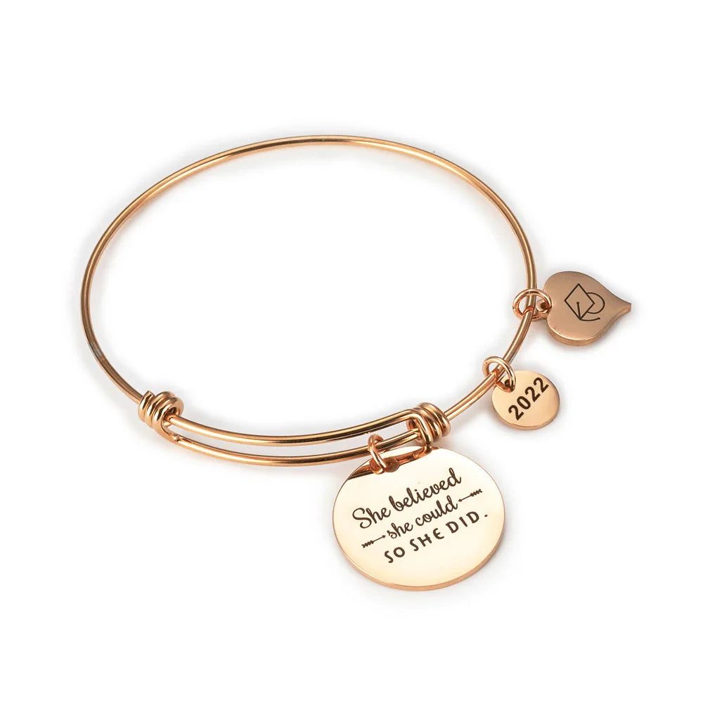 Graduation Gift Adjustable Stainless Steel Inspirational Words Engraved Bracelet for Students