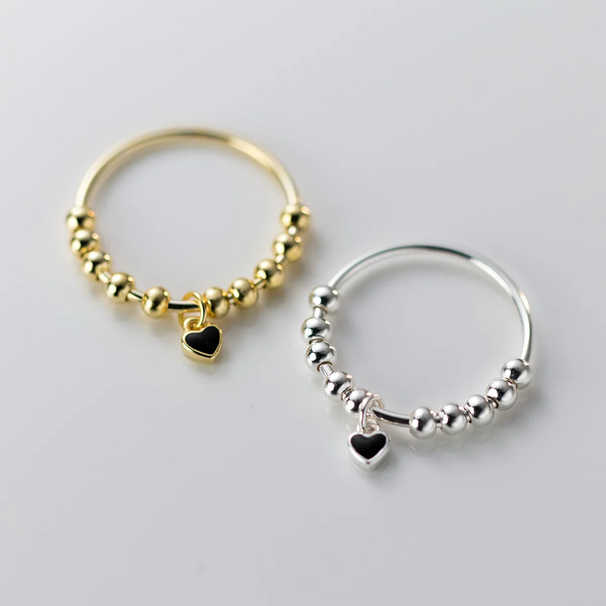 Wholesale Fashion Jewelry 925 Sterling Silver Heart Black Zircon Golden Round Bead Ball Gold Plated Rings for Women