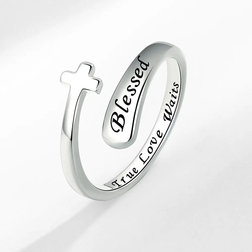 Inspiration Jewelry Gift for Women Silver Plated Letter Blessed Letter Engraved Rings Spiral Wrap Twist Adjustable Ring