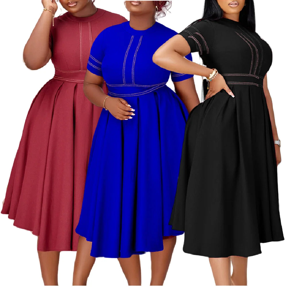 D385 Latest Design Summer Dresses Women Lady Elegant A-line Short Sleeve Ladies Office Dress African Dresses for Women Clothing