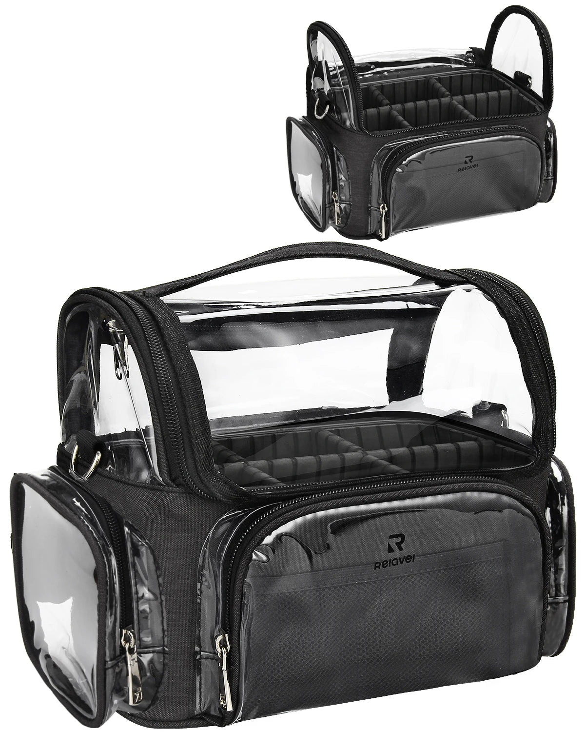 Relavel Large Stand up Makeup Brush Organizer Storage Box Clear PVC Makeup Artist Brush Bag Cosmetic Case With Shoulder Strap